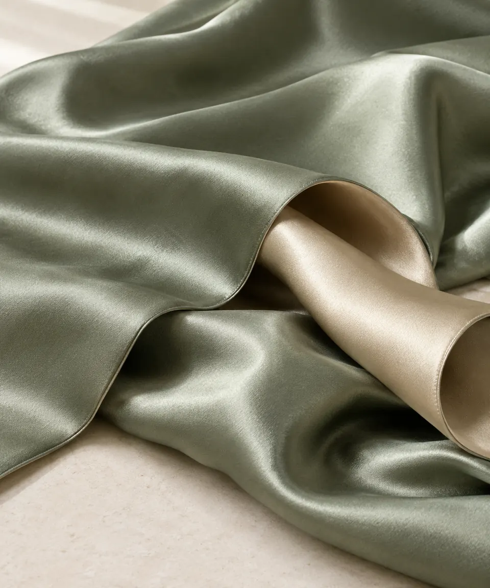Sage green double-face satin draped to reveal a champagne-toned reverse